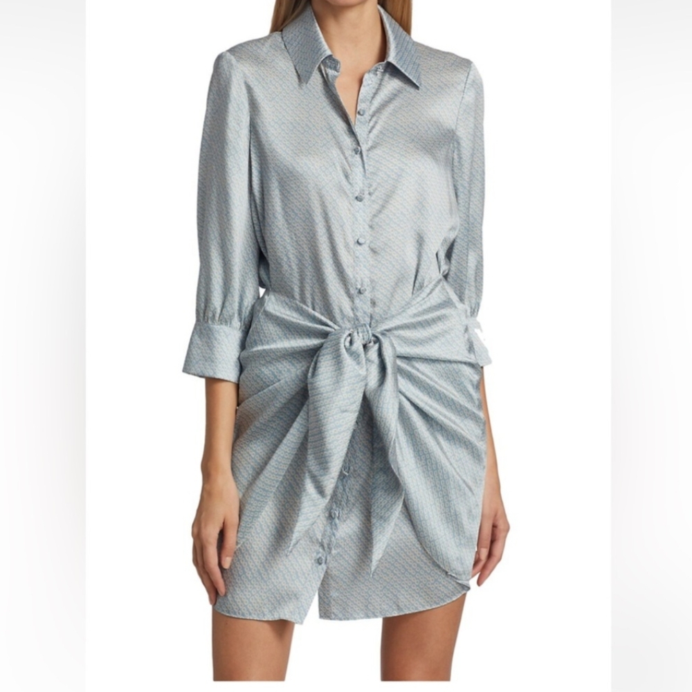 cinq a sept Sky Blue Patterned Tie-Waist Shirt Mini Dress